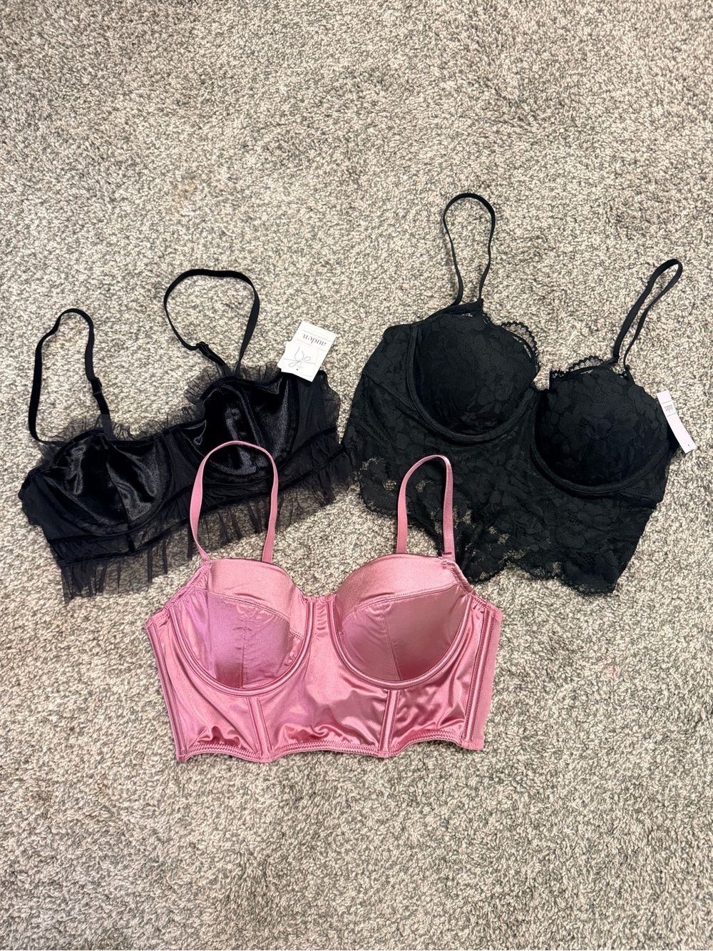 Auden Pink Satin, Black Velvet, and Black Lace Bustier Bras - Picture 11 of 12